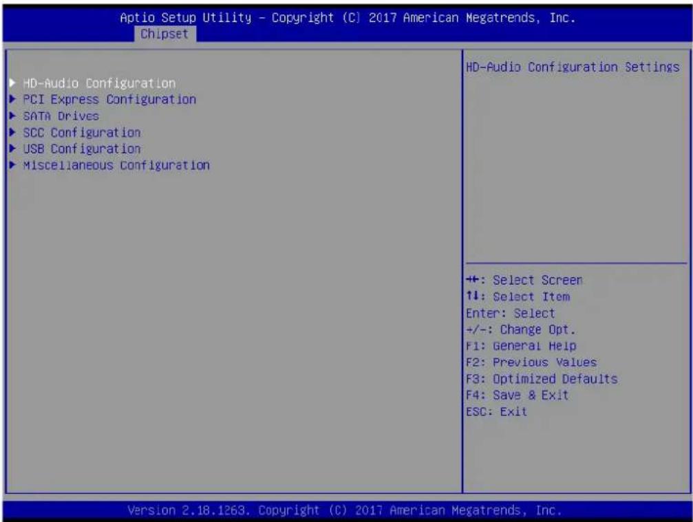 Aptio Setup Utility - Copyright (C) 2017 American Megatrends, Inc. Chipset HD-Audio Configuration PCI Express Configuration SATA Drives SCC Configuration USB Configuration Miscellaneous Configuration HD-Audio Configuration Settings +: Select Screen ↑↓: Select Item Enter: Select +/-: Change Opt. F1: General Help F2: Previous Values F3: Optimized Defaults F4: Save & Exit ESC: Exit Version 2.18.1263. Copyright (C) 2017 American Megatrends, Inc.