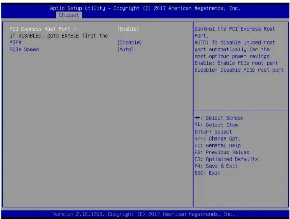 Aptio Setup Utility - Copyright (C) 2017 American Megatrends, Inc. Chipset PCI Express Root Port 0 [Enable] If DISABLED, goto ENABLE first the ASPM [Disable] PCIe Speed [Auto] Control the PCI Express Root Port. AUTO: To disable unused root port automatically for the most optimum power savings. Enable: Enable PCIe root port Disable: Disable PCIe root port +: Select Screen ↑↓: Select Item Enter: Select +/-: Change Opt. F1: General Help F2: Previous Values F3: Optimized Defaults F4: Save & Exit ESC: Exit Version 2.18.1263. Copyright (C) 2017 American Megatrends, Inc.