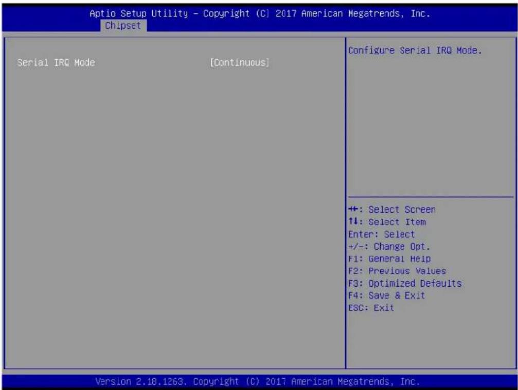 Aptio Setup Utility - Copyright (C) 2017 American Megatrends, Inc. Chipset Serial IRQ Mode [Continuous] Configure Serial IRQ Mode. +: Select Screen ↓: Select Item Enter: Select +/-: Change Opt. F1: General Help F2: Previous Values F3: Optimized Defaults F4: Save & Exit ESC: Exit Version 2.18.1263. Copyright (C) 2017 American Megatrends, Inc.