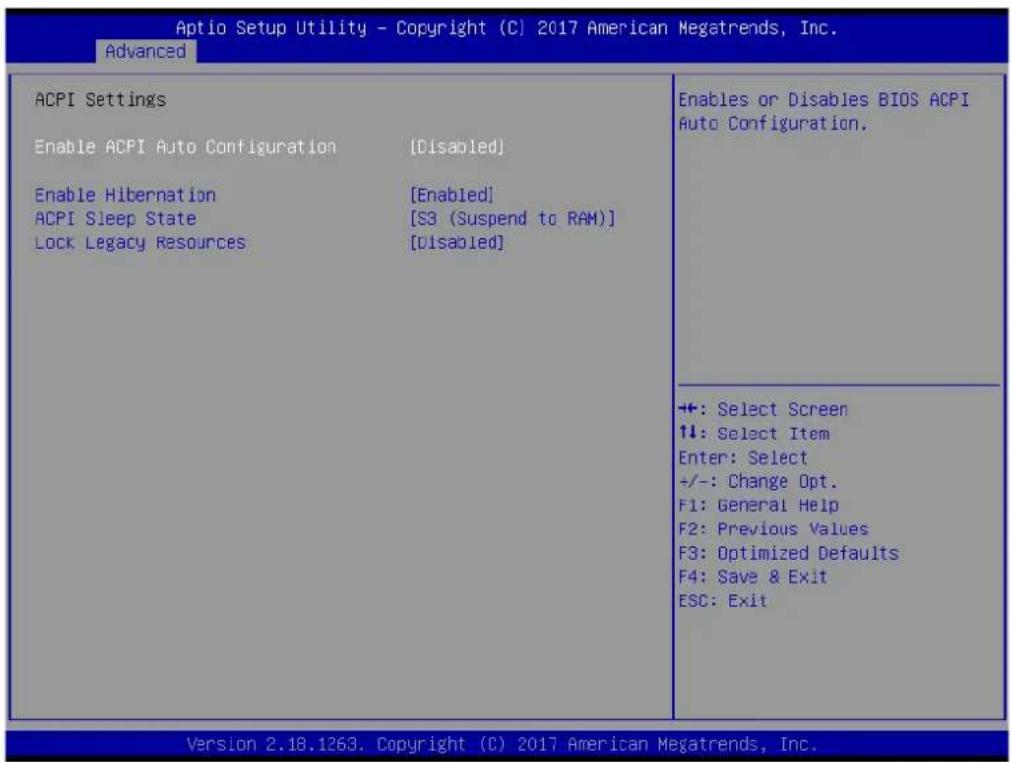Aptio Setup Utility - Copyright (C) 2017 American Megatrends, Inc. Advanced ACPI Settings Enable ACPI Auto Configuration [Disabled] Enable Hibernation [Enabled] ACPI Sleep State [S3 (Suspend to RAM)] Lock Legacy Resources [Disabled] Enables or Disables BIOS ACPI Auto Configuration. ++: Select Screen 11: Select Item Enter: Select +/-: Change Opt. F1: General Help F2: Previous Values F3: Optimized Defaults F4: Save & Exit ESC: Exit Version 2.18.1263. Copyright (C) 2017 American Megatrends, Inc.