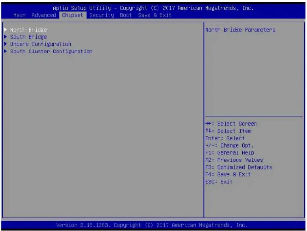 Aptio Setup Utility - Copyright (C) 2017 American Megatrends, Inc. Main Advanced Chipset Security Boot Save & Exit North Bridge South Bridge Uncore Configuration South Cluster Configuration North Bridge Parameters +: Select Screen ↑↓: Select Item Enter: Select +/-: Change Opt. F1: General Help F2: Previous Values F3: Optimized Defaults F4: Save & Exit ESC: Exit Version 2.18.1263. Copyright (C) 2017 American Megatrends, Inc.