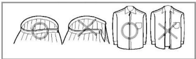 Diagram showing four different types of garment or shirt designs with symbols indicating selection or markings.