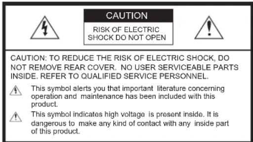 CAUTION RISK OF ELECTRIC SHOCK DO NOT OPEN CAUTION: TO REDUCE THE RISK OF ELECTRIC SHOCK, DO NOT REMOVE REAR COVER. NO USER SERVICEABLE PARTS INSIDE. REFER TO QUALIFIED SERVICE PERSONNEL. This symbol alerts you that important literature concerning operation and maintenance has been included with thi…