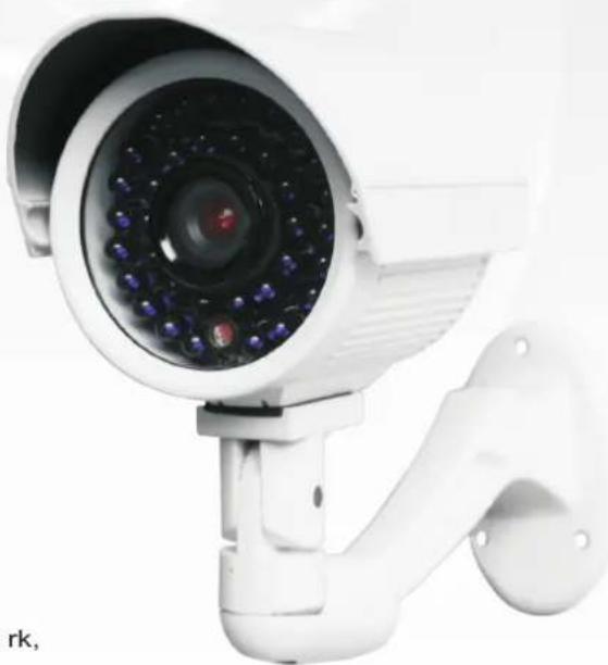 Close-up of a white security camera with blue and red signal lights mounted on a wall (no visible text or symbols)