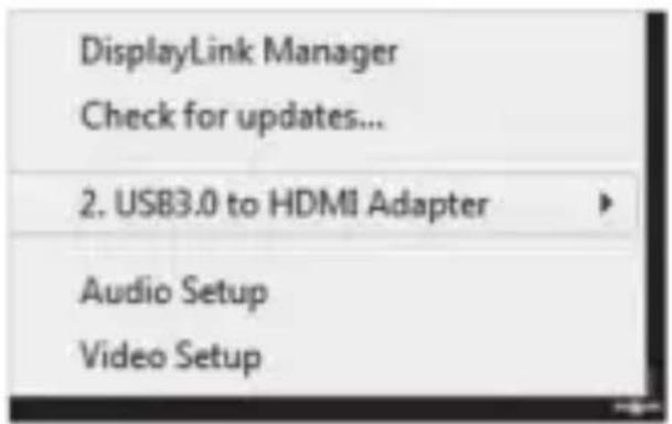 DisplayLink Manager Check for updates... 2. USB3.0 to HDMI Adapter Audio Setup Video Setup