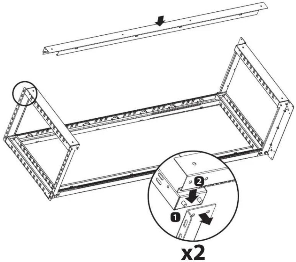 Technical diagram showing a structural frame assembly with labeled components and cross-sectional view