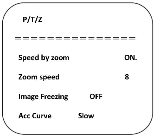 P/T/Z Speed by zoom ON. Zoom speed 8 Image Freezing OFF Acc Curve Slow