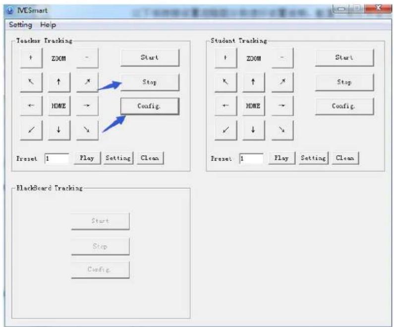 IVESmart Setting Help Teacher Tracking + ZOOM - Start ← ↑ ↗ Stop ← HOME → Config. ✓ ↓ \ Freset 1 Play Setting Clean Student Tracking + ZOOM - Start ← ↑ ↗ Stop ← HOME → Config. ✓ ↓ \ Freset 1 Play Setting Clean BlackBoard Tracking Start Stop Config.