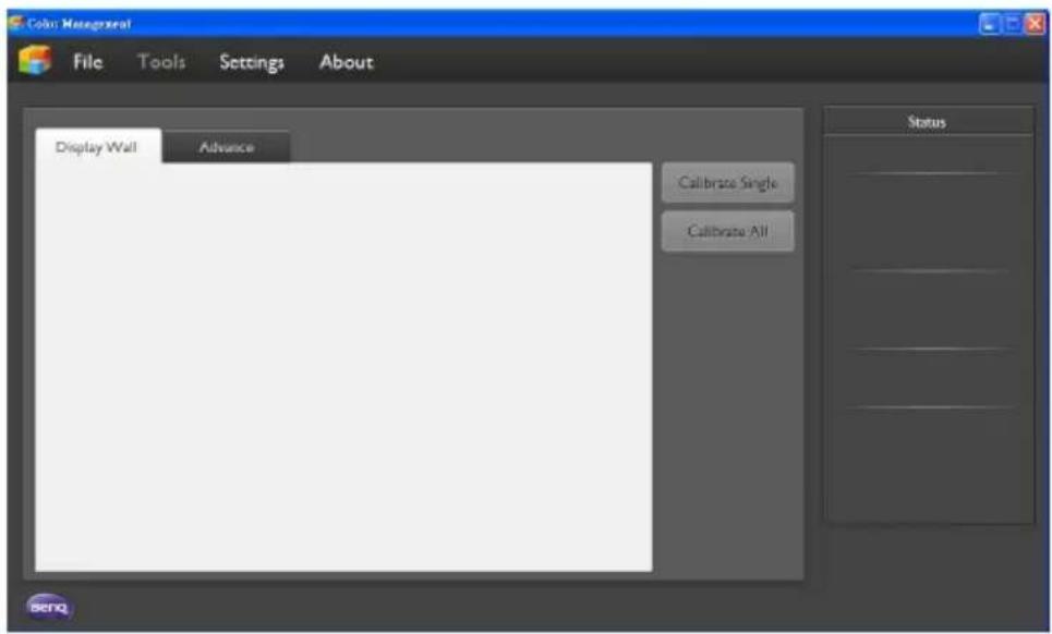 Colin Management File Tools Settings About Display Wall Advance Calibrate Single Calibrate All Status benq