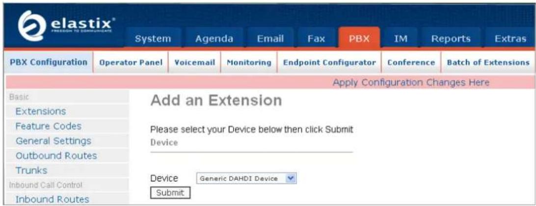 elastix® FREEDON TO COMMUNICATE System Agenda Email Fax PBX IM Reports Extras PBX Configuration Operator Panel Voicemail Monitoring Endpoint Configurator Conference Batch of Extensions Apply Configuration Changes Here Basic Extensions Feature Codes General Settings Outbound Routes Trunks Inbound Call Control Inbound Routes Add an Extension Please select your Device below then click Submit Device Device Generic DAHDI Device Submit