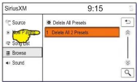 SiriusXM 9:15 Source Now Paying Song List Browse Sound Delete All Presets 1 Delete All 2 Presets