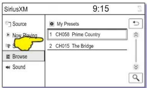 SiriusXM 9:15 Source Now Playing Browse Sound My Presets 1 CH058 Prime Country 2 CH015 The Bridge