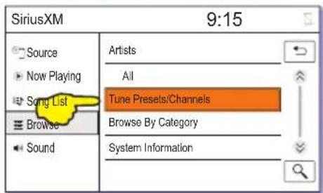 SiriusXM 9:15 Source Now Playing Song List Browse Sound Artists All Tune Presets/Channels Browse By Category System Information