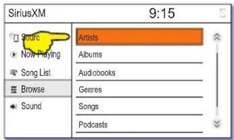 SiriusXM 9:15 Sources Now Playing Song List Browse Sound Artists Albums Audiobooks Genres Songs Podcasts