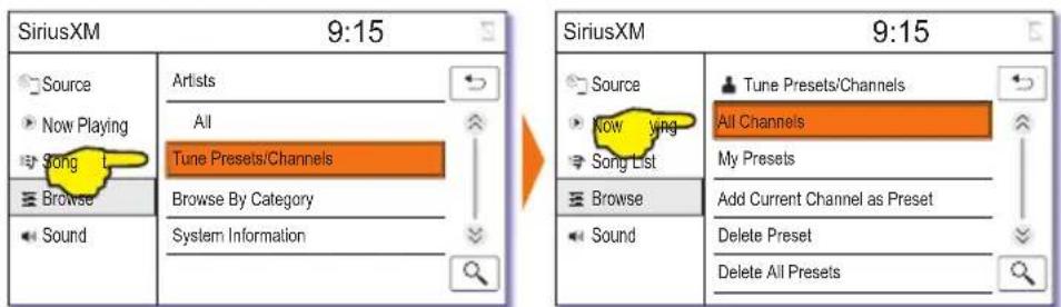 SiriusXM 9:15 Source Now Playing Song Browse Sound Artists All Tune Presets/Channels Browse By Category System Information SiriusXM 9:15 Source Now Playing Song List Browse Sound Tune Presets/Channels All Channels My Presets Add Current Channel as Preset Delete Preset Delete All Presets