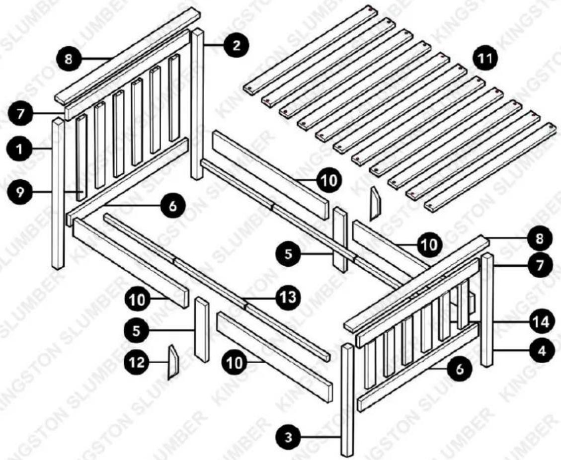 Technical diagram of a wooden slumber structure with numbered components for identification