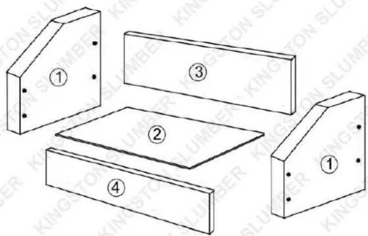 Diagram showing four labeled 3D rectangular blocks with numbered faces, likely illustrating a structural or engineering layout.