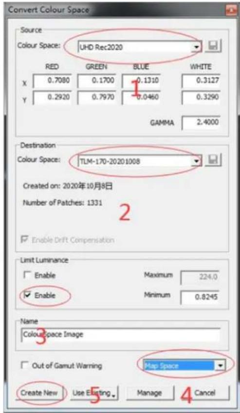 Convert Colour Space Source Colour Space: UHD Rec2020 RED GREEN BLUE WHITE X 0.7080 0.1700 0.1310 0.3127 Y 0.2920 0.7970 0.0460 0.3290 GAMMA 2.4000 Destination Colour Space: TLM-170-20201008 Created on: 2020年10月8日 Number of Patches: 1331 Enable Drift Compensation Limit Luminance Enable Maximum 224.0 Enable Minimum 0.8245 Name Colour Space Image Out of Gamut Warning Map Space Create New Use Existing Manage Cancel