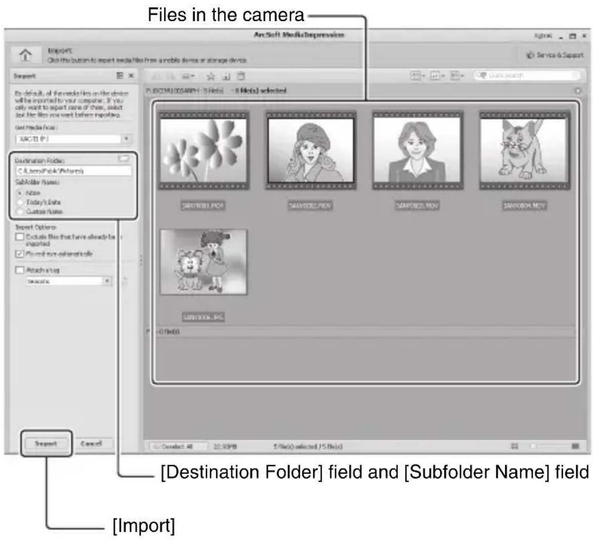 Files in the camera ArcSoft MediaImpression Import Click the button to export media files from a mobile device or storage device. Import [Destination Folder] [Location/Book/Pictures] SubFolder Names: None Today's Date Custom Name Import Options: Exclude Files that have already been imported Plum not run automatics like Attach a tag Search Export Cancel [Destination Folder] field and [Subfolder Name] field [Import]