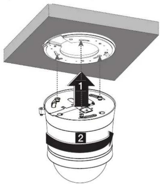 Technical diagram showing a mechanical assembly with labeled parts and directional arrows indicating assembly steps.
