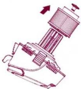 Technical line drawing of a mechanical device with internal components and an arrow indicating direction (no text or symbols)