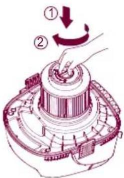 Technical diagram showing a mechanical assembly with labeled parts and directional arrows indicating rotation or movement.