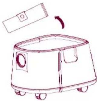 Line drawing of a portable kitchen appliance with wheels and a hanging bag (no text or symbols)