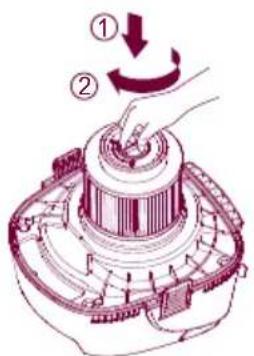 Diagram showing a hand operating a mechanical component with labeled parts and directional arrows indicating rotation or movement.