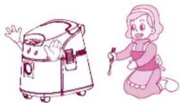 Illustration of a kitchen machine and a girl holding a tool, both in pink tones (no text or symbols)