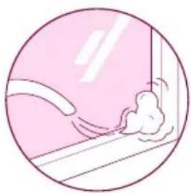 Pink circular icon depicting a window with motion lines and cloud (no text or symbols)
