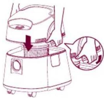 Line drawing of a vacuum cleaner with a magnified inset showing the internal structure (no text or symbols)