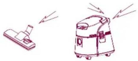 Illustration of a vacuum cleaner emitting exhaust flames, with no text or symbols present.