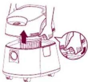 Line drawing of a washing machine with an arrow indicating the process, showing a close-up inset of the hand (no text or symbols present)