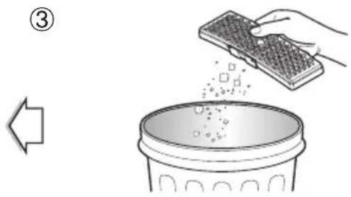 Diagram illustrating a hand cleaning a container with a gridded plate, showing an arrow and numbered step.