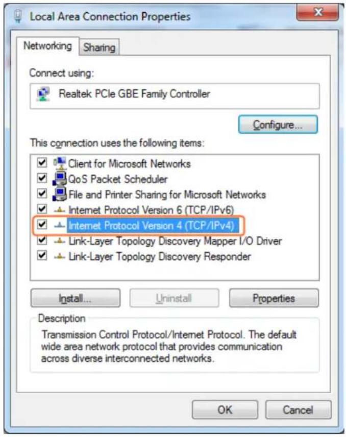 Local Area Connection Properties Networking Sharing Connect using: Realtek PCIe GBE Family Controller Configure... This connection uses the following items: ✓ Client for Microsoft Networks ✓ QoS Packet Scheduler ✓ File and Printer Sharing for Microsoft Networks ✓ Internet Protocol Version 6 (TCP/IPv6) ✓ Internet Protocol Version 4 (TCP/IPv4) ✓ Link-Layer Topology Discovery Mapper I/O Driver ✓ Link-Layer Topology Discovery Responder Install... Uninstall Properties Description Transmission Control Protocol/Internet Protocol. The default wide area network protocol that provides communication across diverse interconnected networks. OK Cancel