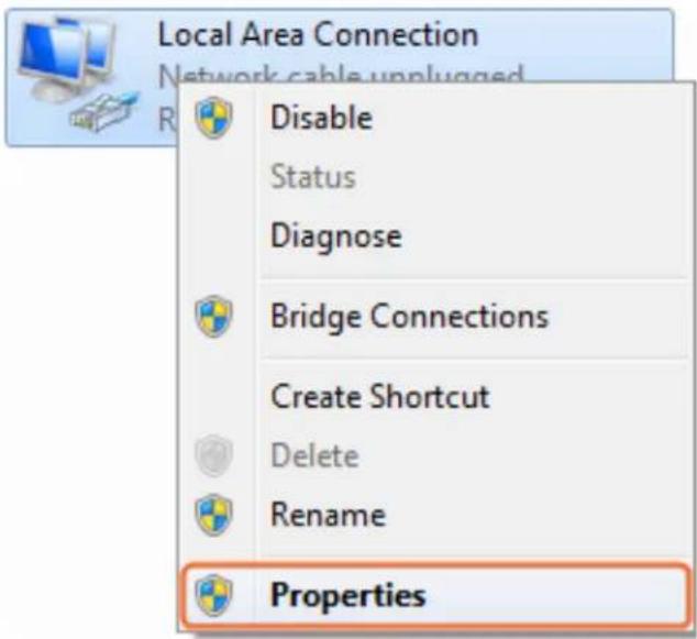 Local Area Connection Network cable unplugged R Disable Status Diagnose Bridge Connections Create Shortcut Delete Rename Properties