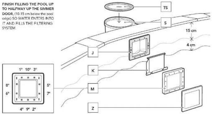 FINISH FILLING THE POOL UP TO HALFWAY UP THE SIMMER DOOR, (10.15 cm below the pool edge) SO WATER ENTERS INTO IT AND FILLS THE FILTERING SYSTEM. TS S 15 cm 4 cm J K M Z 1° 10° 3° 8° 6° 5° 7° 4° 9° 2°