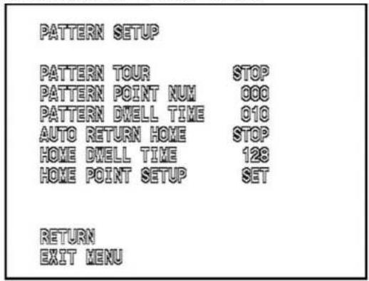 PATTERN SETUP PATTERN TOUR STOP PATTERN POINT NUM 000 PATTERN DWELL TIME 010 AUTO RETURN HOME STOP HOME DWELL TIME 128 HOME POINT SETUP SET RETURN EXIT MENU