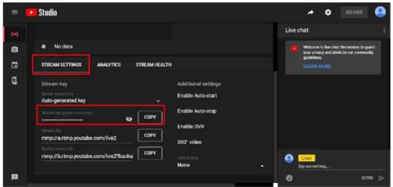 Studio No data STREAM SETTINGS ANALYTICS STREAM HEALTH Stream key Send Stream key Auto-generated key Stream key (guide instructions) ****** Stream URL: http://a.rtmp.youtube.com/live2/ Backup server URL: http://b.rtmp.youtube.com/live2?backu ADDITIONAL settings Enable Auto-start Enable Auto-stop Enable DVR 360° video Add user data None Live chat Welcome to live chat! Remember to guard your privacy and abide by us community guidelines. LEANS MORE User Say something...