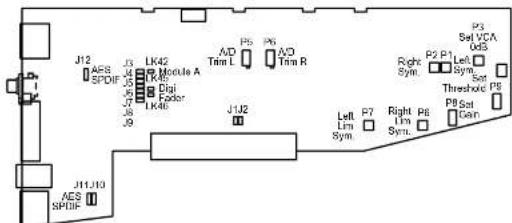 J12 AES SPDF J3 U LK42 Module A J4 J5 J6 J7 J8 J9 J10 J11J13 AES SPDF J12 LMK LK42 Digi Factor J13 LMK LK42 AD Trim L P5 P6 A/D Trim R J14J2 Left Sym P7 Right Sym P8 P9 P10 Right VCA OuS3 Left Sym Threshold P5 P8 Sst Com