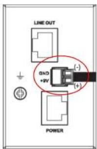 LINE OUT GND +9V POWER (-) (+)