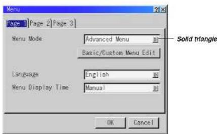 Menu Page 1 Page 2 Page 3 Menu Mode Advanced Menu Basic/Custom Menu Edit Language English Menu Display Time Manual Solid triangle OK Cancel
