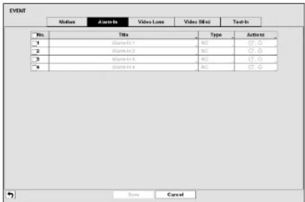 EVENT Motion AlarmIn Video Logs Video Blind Touch-In No. Titles Type Actions _1 Options 1 NOD CT_G _2 Options 2 NOD CT_G _3 Options 3 NOD CT_G _4 Options 4 NOD CT_G Save Cancel