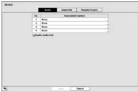 DEVICE Audio Alarm-Out Remote Control No. Associated Camera 1 None 2 None 3 None 4 None Enable Audio-Out OK Cancel