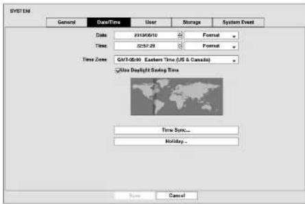 BYST1M General Date/Time User Storage System Event Date 2/13/06/10 Format Time 02/5/28 Format Time Zone GAV-05:00 Eastern Time (US & Canada) Use Daylight Saving Time Time Sync... Holiday... Name Cancel