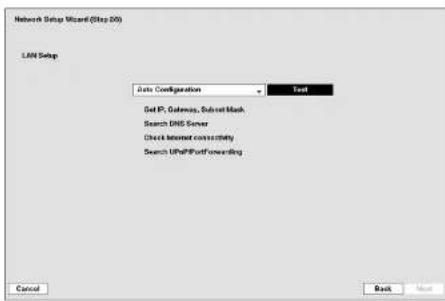 Network Setup Wizard (Step 50) LAW Setup Auto Configuration Text Set PC, Options, Subset Mask Search DNS Server Check Internet compatibility Search WiFi/Off Security Cancel Back Reset