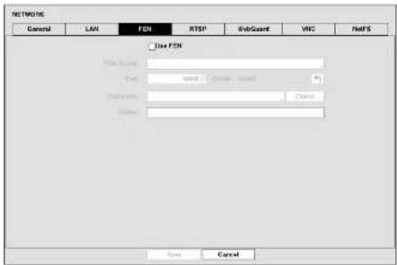 NETWORK General LAN FEN RTSP WebGuard VNC NetFS Show FEN FEN Name Port: Home (Home, None) FTP Name: Status: Save Cancel