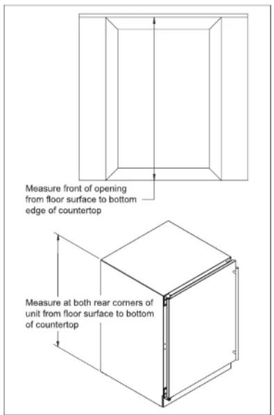 Measure front of opening from floor surface to bottom edge of countertop Measure at both rear corners of unit from floor surface to bottom of countertop
