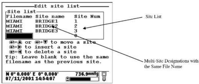 Edit site list Site List -File list Filename Site name Site Num MIAMI BRIDGE1 1 MIAMI BRIDGE2 2 MIAMI BRIDGE3 3 or to move a site to insert a site to delete a site Tip: Leave blank to use the same filename as the previous site. Multi-Site Designations with the Same File Name N 0° 0.000' E 0° 0.000' 07/11/2001 14:54:07 736.9mmHg