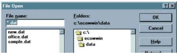 File Open File name: <.dat new.dat office.dat sample.dat Folders: c:\ecowwin\data c:\ ecowwin data OK Cancel Help